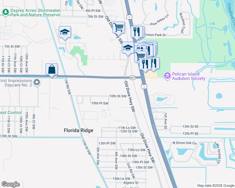 map of restaurants, bars, coffee shops, grocery stores, and more near 370 10th Street Southwest in Vero Beach