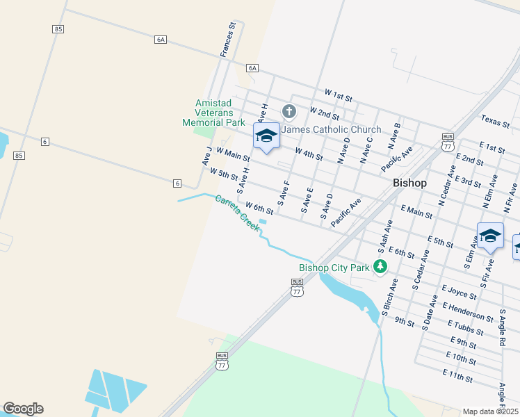 map of restaurants, bars, coffee shops, grocery stores, and more near 701 West 6th Street in Bishop