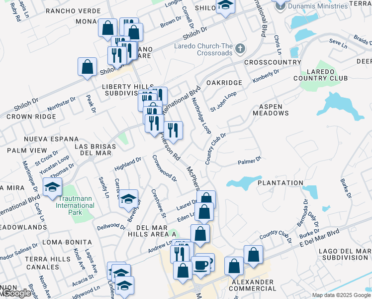 map of restaurants, bars, coffee shops, grocery stores, and more near North Ridge Drive in Laredo