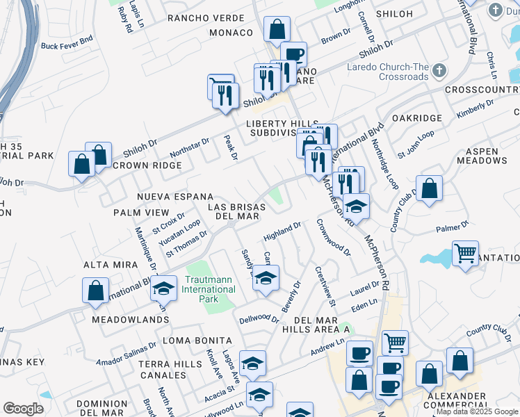 map of restaurants, bars, coffee shops, grocery stores, and more near 8605 Puerto Escondido in Laredo