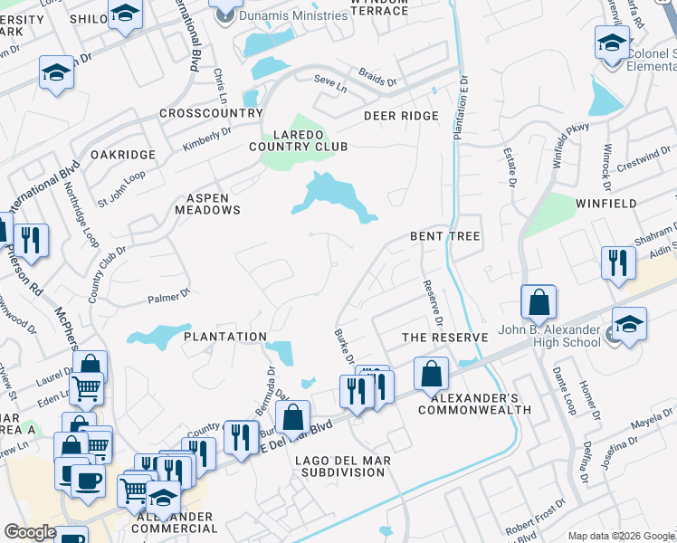 map of restaurants, bars, coffee shops, grocery stores, and more near 2419 Bermuda Drive in Laredo