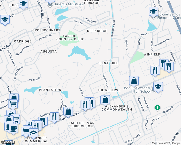map of restaurants, bars, coffee shops, grocery stores, and more near 2701 Burke Drive in Laredo