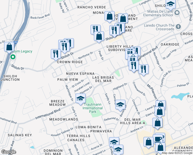 map of restaurants, bars, coffee shops, grocery stores, and more near 8714 Puerto Belo in Laredo