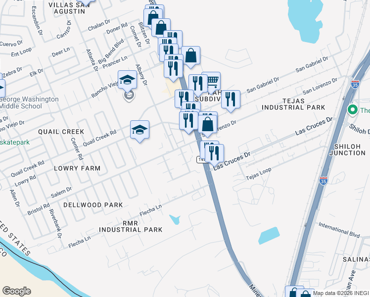map of restaurants, bars, coffee shops, grocery stores, and more near 104 East Devon Place in Laredo