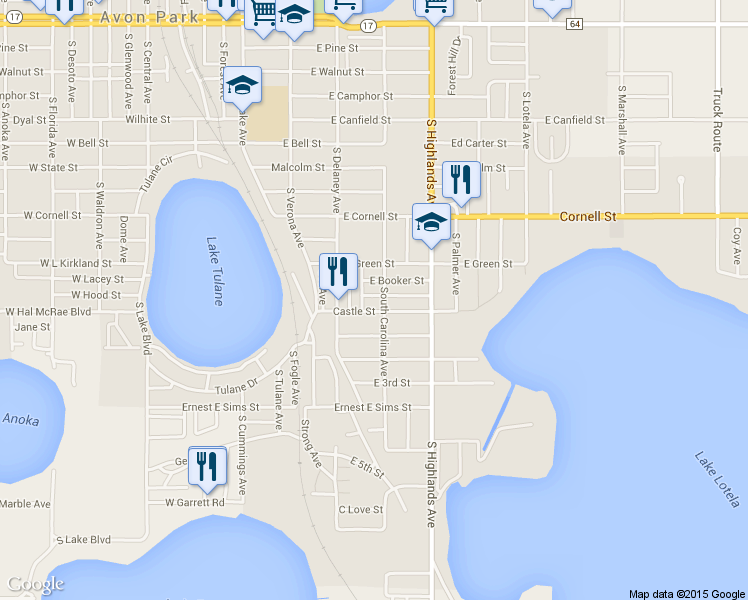 map of restaurants, bars, coffee shops, grocery stores, and more near 214 East Washington Street in Avon Park