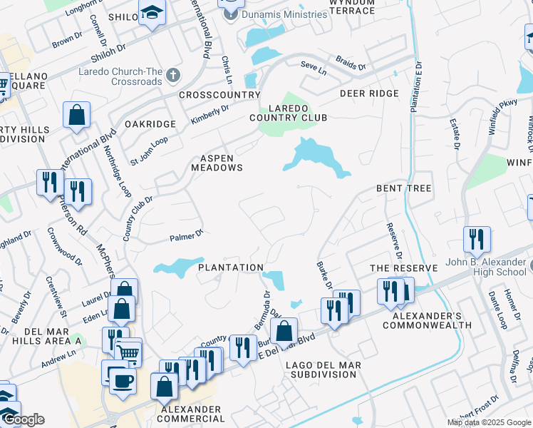 map of restaurants, bars, coffee shops, grocery stores, and more near 203 Elkington Loop in Laredo