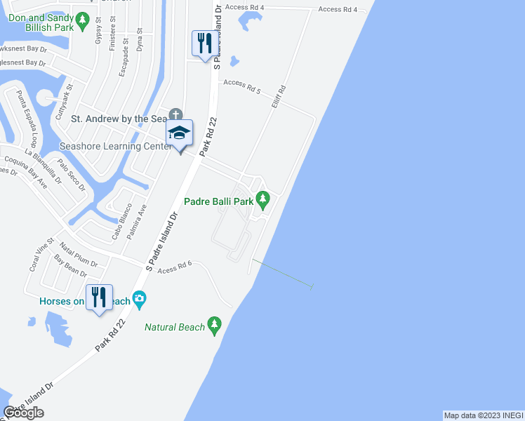 map of restaurants, bars, coffee shops, grocery stores, and more near 15820 Park Road 22 in Corpus Christi