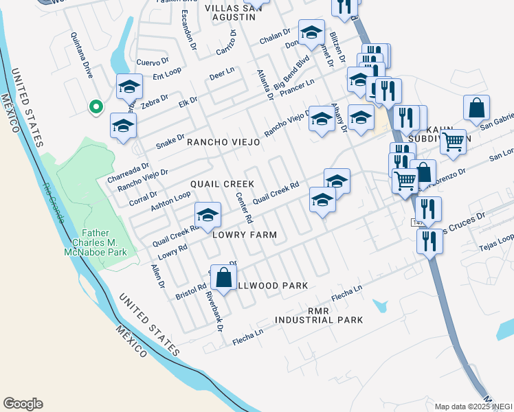 map of restaurants, bars, coffee shops, grocery stores, and more near 1803 Quail Creek Road in Laredo