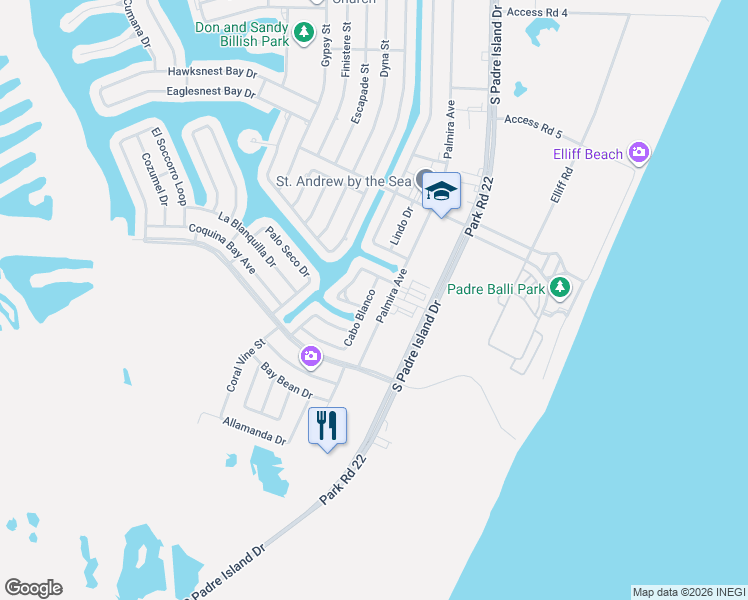 map of restaurants, bars, coffee shops, grocery stores, and more near 15913 Palmira Avenue in Corpus Christi