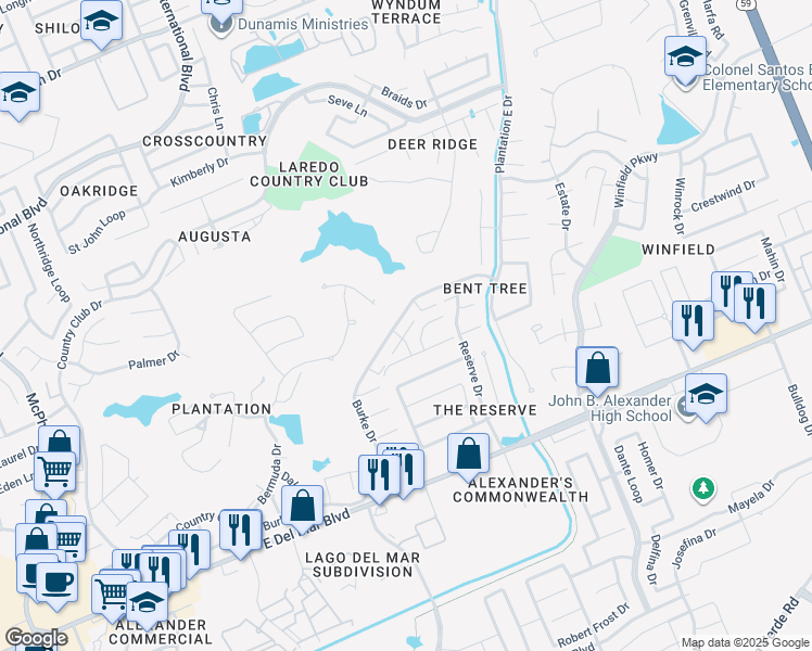 map of restaurants, bars, coffee shops, grocery stores, and more near 2701 Burke Drive in Laredo