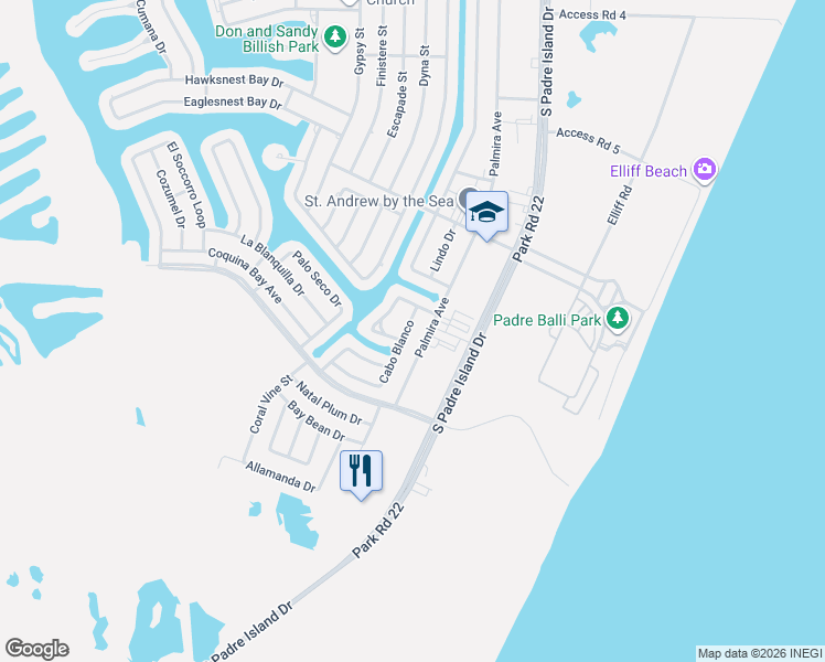map of restaurants, bars, coffee shops, grocery stores, and more near 15913 Palmira Avenue in Corpus Christi
