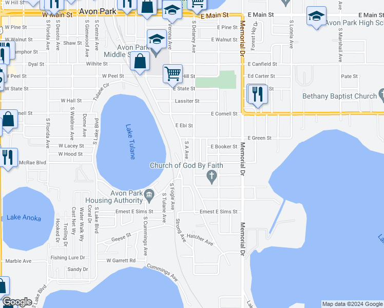 map of restaurants, bars, coffee shops, grocery stores, and more near 939 S Delaney Ave in Avon Park
