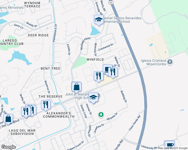 map of restaurants, bars, coffee shops, grocery stores, and more near 7902 Elka Loop in Laredo