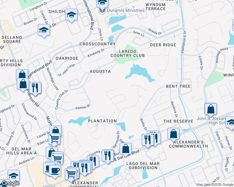 map of restaurants, bars, coffee shops, grocery stores, and more near 203 Elkington Loop in Laredo