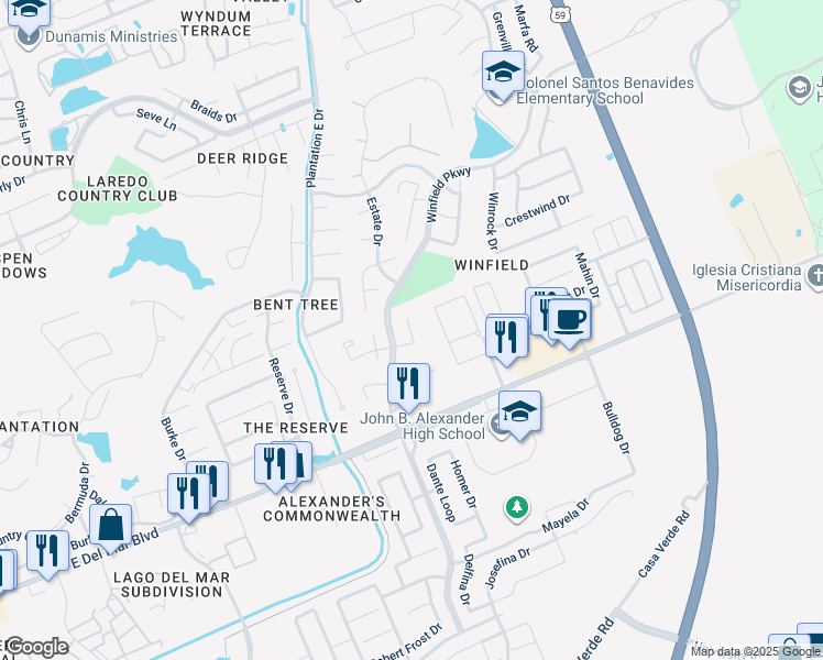 map of restaurants, bars, coffee shops, grocery stores, and more near 2900 Spring Creek Drive in Laredo