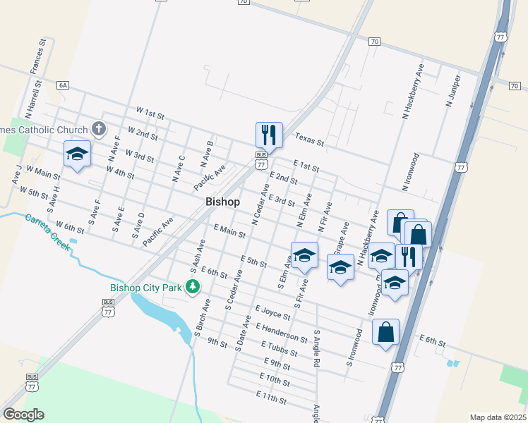 map of restaurants, bars, coffee shops, grocery stores, and more near 108 North Cedar Avenue in Bishop