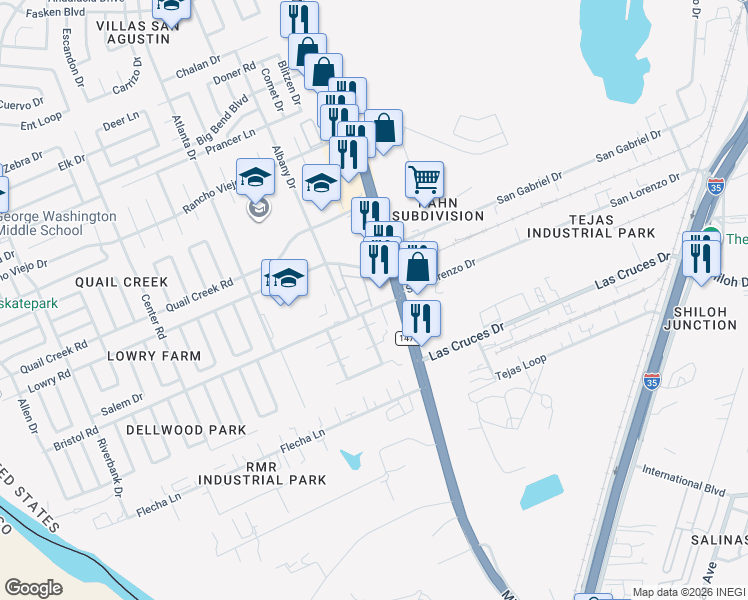 map of restaurants, bars, coffee shops, grocery stores, and more near 104 East Devon Place in Laredo