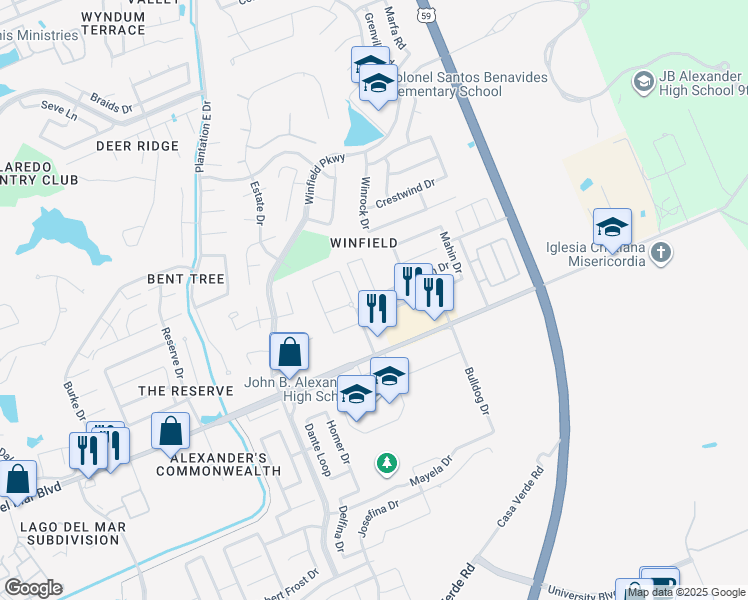 map of restaurants, bars, coffee shops, grocery stores, and more near 9802 Aziz Street in Laredo