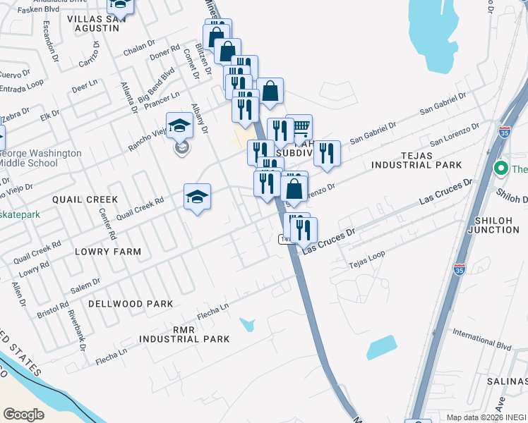 map of restaurants, bars, coffee shops, grocery stores, and more near 104 East Devon Place in Laredo