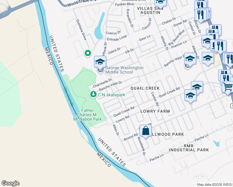 map of restaurants, bars, coffee shops, grocery stores, and more near 9559 Ashton Loop in Laredo