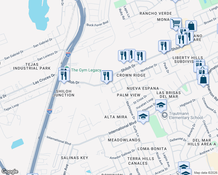 map of restaurants, bars, coffee shops, grocery stores, and more near 8904 Siller Loop in Laredo