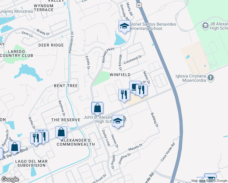 map of restaurants, bars, coffee shops, grocery stores, and more near 7902 Elka Loop in Laredo