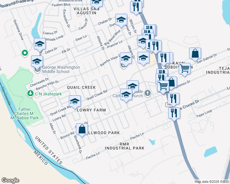 map of restaurants, bars, coffee shops, grocery stores, and more near 9668 Partridge Loop in Laredo
