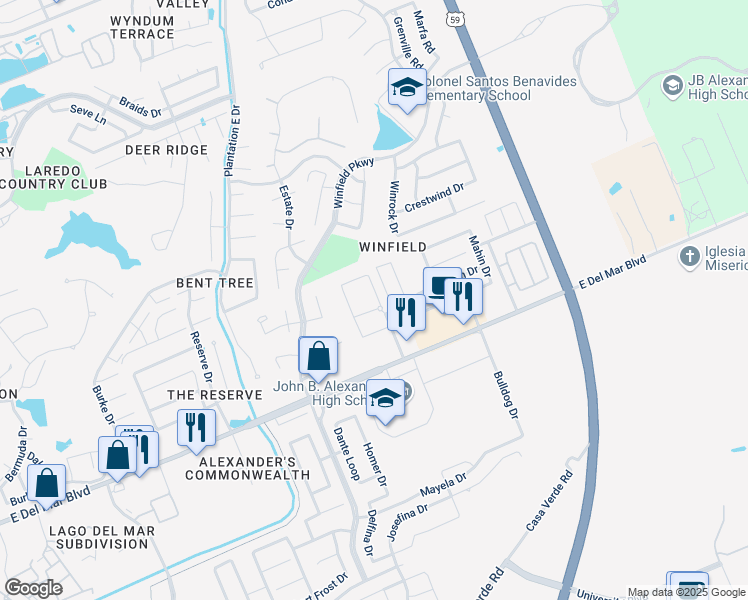 map of restaurants, bars, coffee shops, grocery stores, and more near 7902 East Country Drive in Laredo