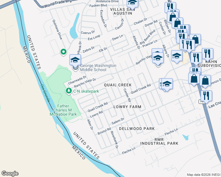 map of restaurants, bars, coffee shops, grocery stores, and more near 9626 Mallard Loop in Laredo