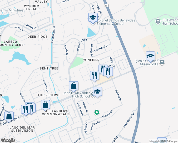 map of restaurants, bars, coffee shops, grocery stores, and more near 7926 Elka Loop in Laredo