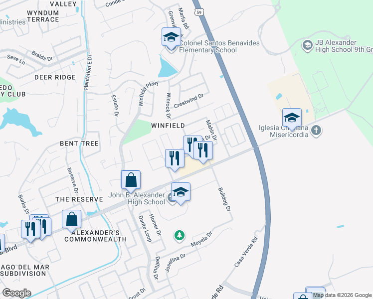 map of restaurants, bars, coffee shops, grocery stores, and more near 3915 Shahram Drive in Laredo