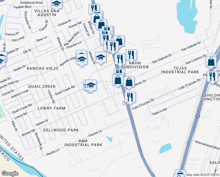 map of restaurants, bars, coffee shops, grocery stores, and more near 9310 Albany Drive in Laredo