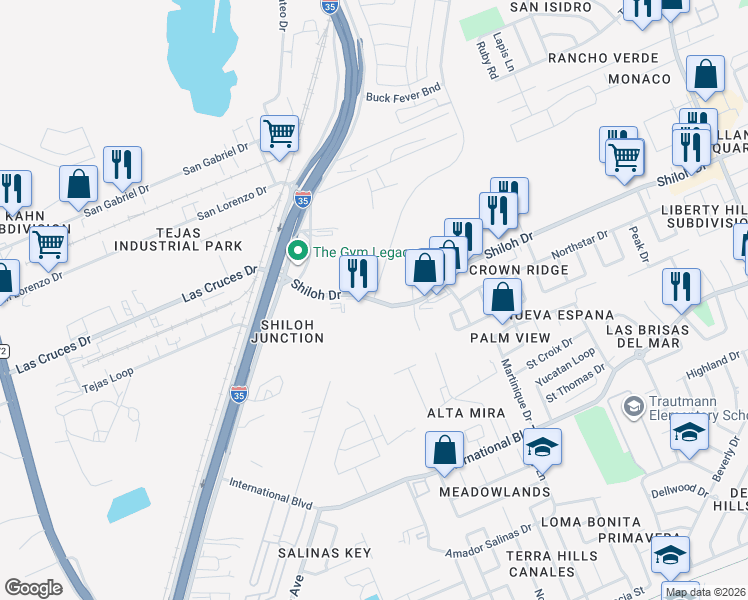 map of restaurants, bars, coffee shops, grocery stores, and more near Springfield Avenue in Laredo