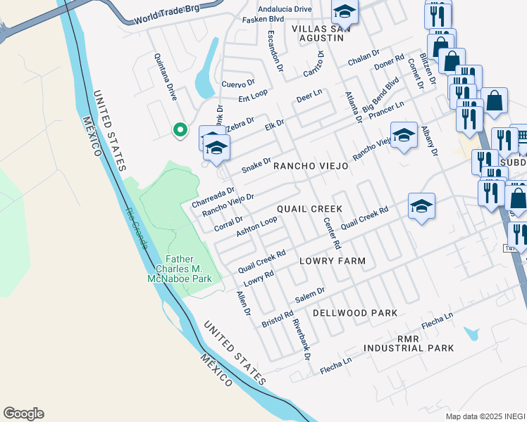 map of restaurants, bars, coffee shops, grocery stores, and more near 241 Corral Loop in Laredo
