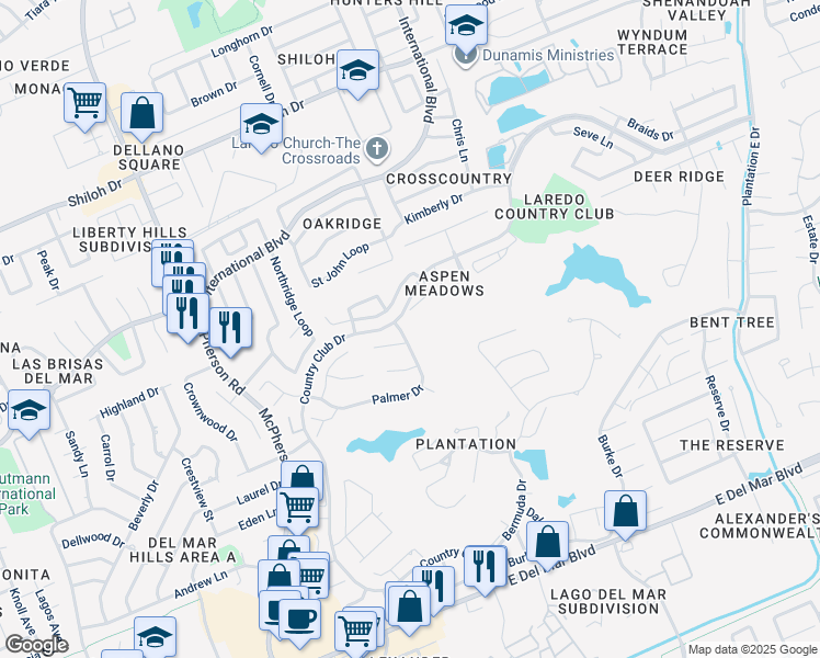 map of restaurants, bars, coffee shops, grocery stores, and more near 1553 Palmer Drive in Laredo