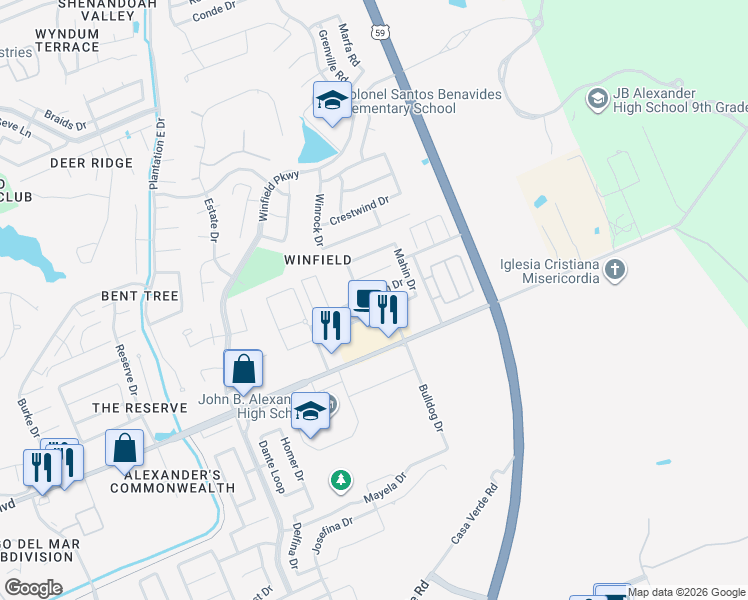 map of restaurants, bars, coffee shops, grocery stores, and more near 3915 Shahram Drive in Laredo