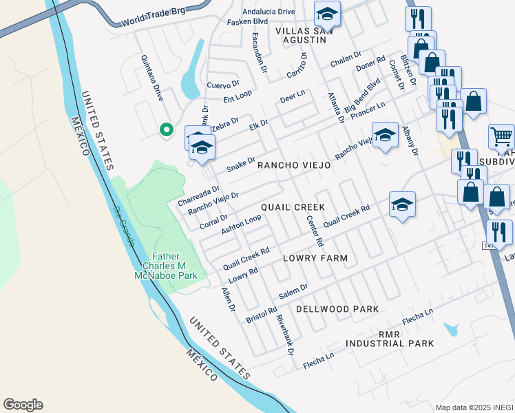map of restaurants, bars, coffee shops, grocery stores, and more near 234-302 Corral Loop in Laredo