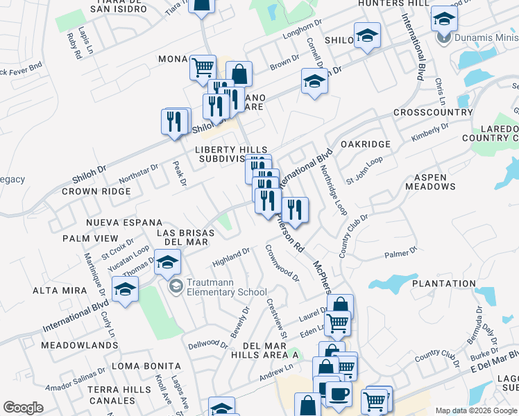map of restaurants, bars, coffee shops, grocery stores, and more near 8612 Mcpherson Road in Laredo