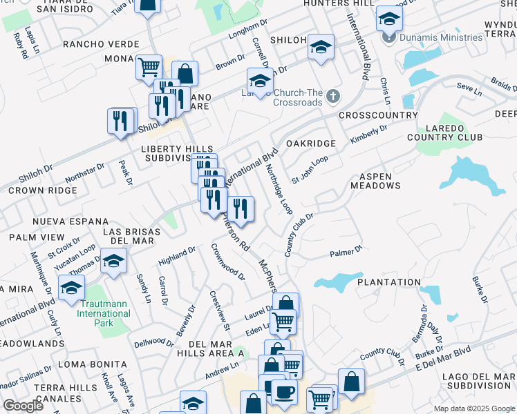 map of restaurants, bars, coffee shops, grocery stores, and more near 8633 Oakridge Loop in Laredo