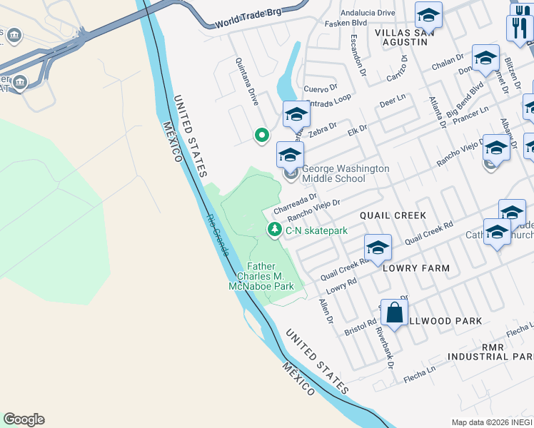 map of restaurants, bars, coffee shops, grocery stores, and more near 422 Rienda Drive in Laredo