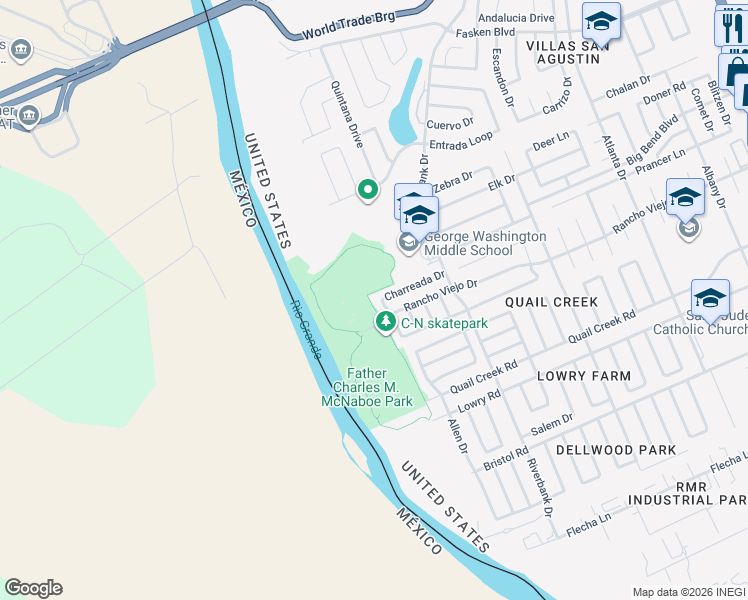 map of restaurants, bars, coffee shops, grocery stores, and more near 422 Rienda Drive in Laredo
