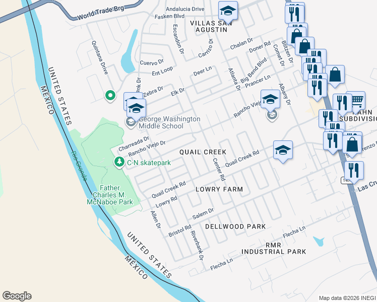 map of restaurants, bars, coffee shops, grocery stores, and more near 9626 Mallard Loop in Laredo