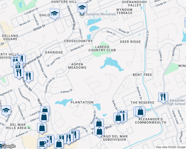 map of restaurants, bars, coffee shops, grocery stores, and more near 412 Mayfair Drive in Laredo
