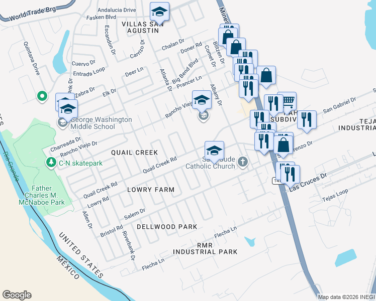 map of restaurants, bars, coffee shops, grocery stores, and more near 9668 Partridge Loop in Laredo