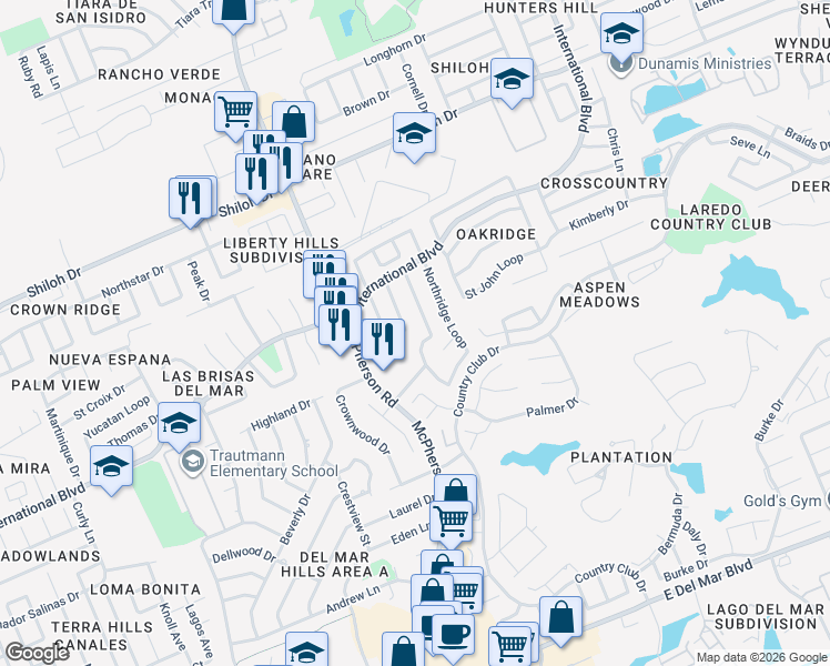 map of restaurants, bars, coffee shops, grocery stores, and more near 8633 Oakridge Loop in Laredo