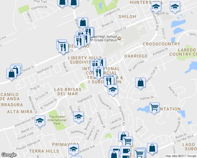 map of restaurants, bars, coffee shops, grocery stores, and more near 8612 Mcpherson Rd in Laredo