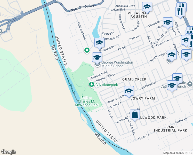 map of restaurants, bars, coffee shops, grocery stores, and more near 214 Rancho Viejo Drive in Laredo