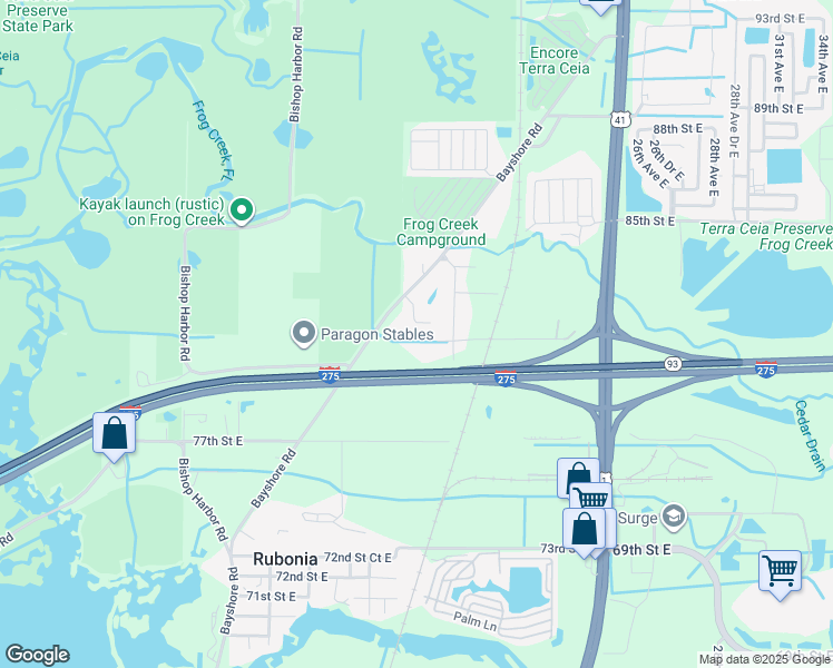 map of restaurants, bars, coffee shops, grocery stores, and more near 1615 82nd Street Court East in Palmetto
