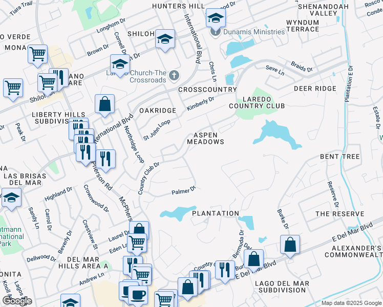 map of restaurants, bars, coffee shops, grocery stores, and more near 1553 Palmer Drive in Laredo