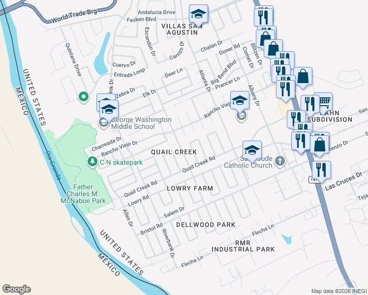 map of restaurants, bars, coffee shops, grocery stores, and more near 9646 Mallard Loop in Laredo